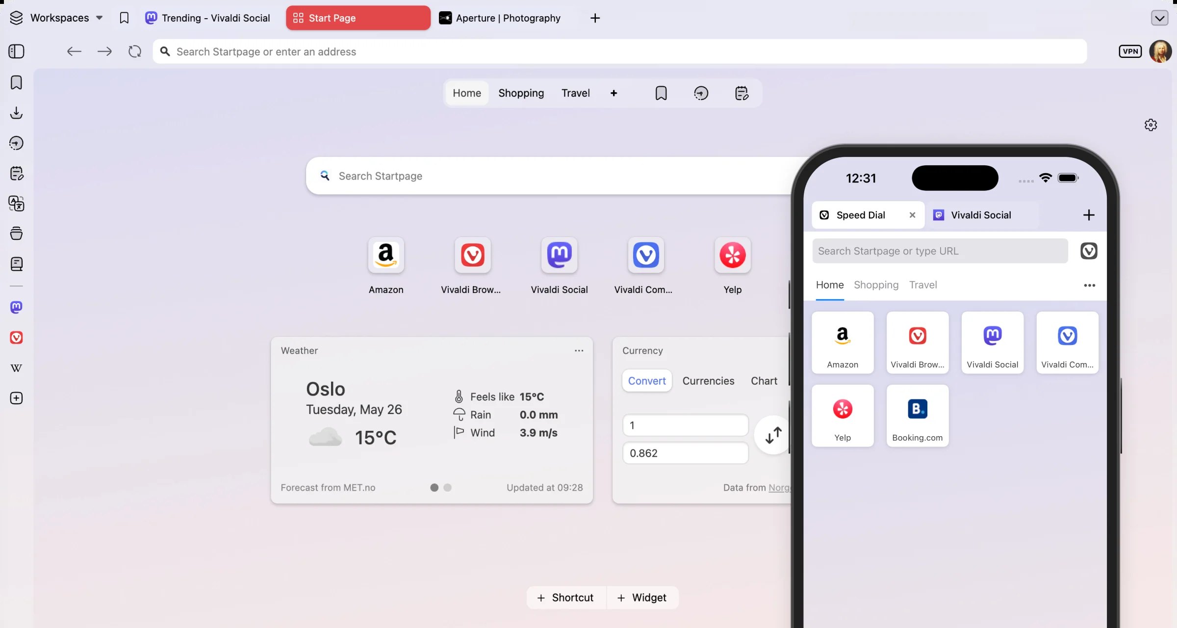 Vivaldi桌面版起始页，包含快捷方式和天气、汇率卡片
