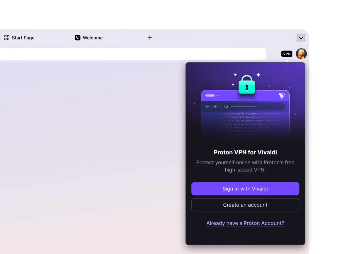 Vivaldi 工具栏中的 VPN 按钮打开 Proton VPN 登录面板