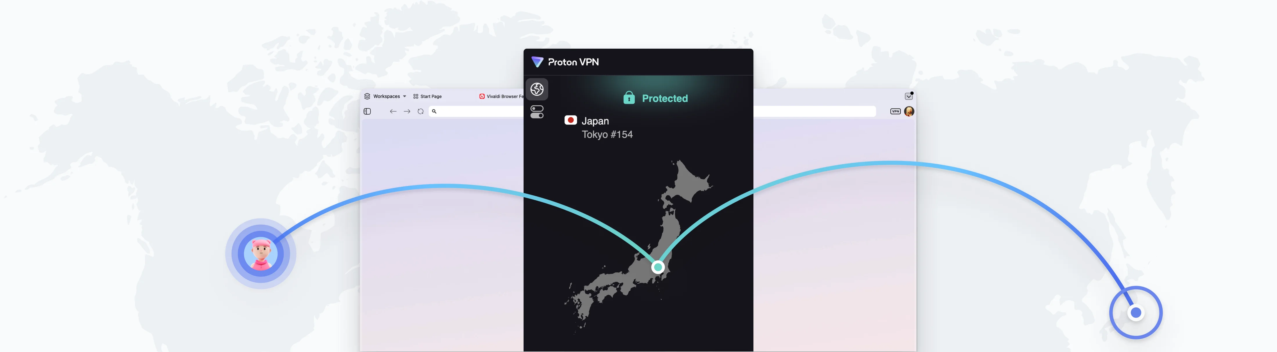 Vivaldi 浏览器中的 Proton VPN 面板显示已连接到日本东京服务器，连线横跨世界地图