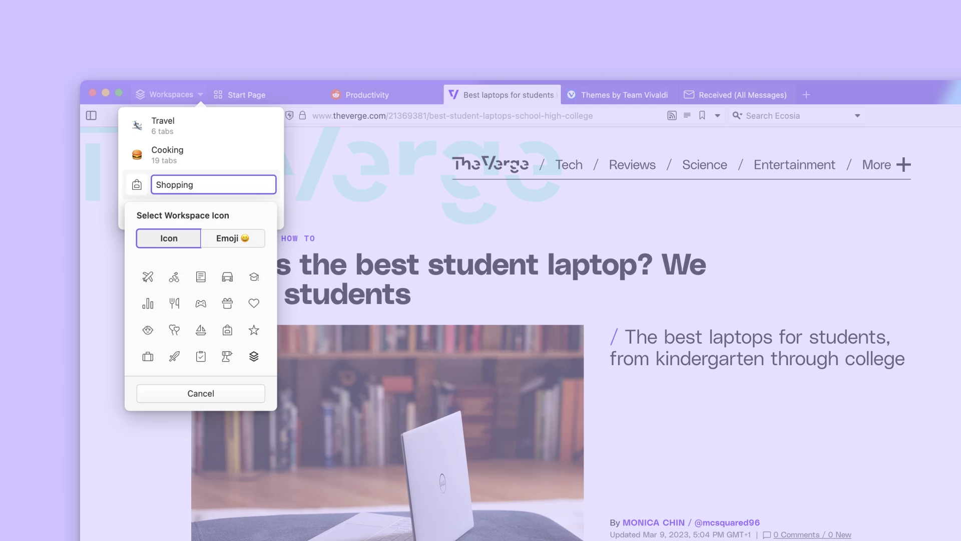 新建工作区并选择图标的菜单