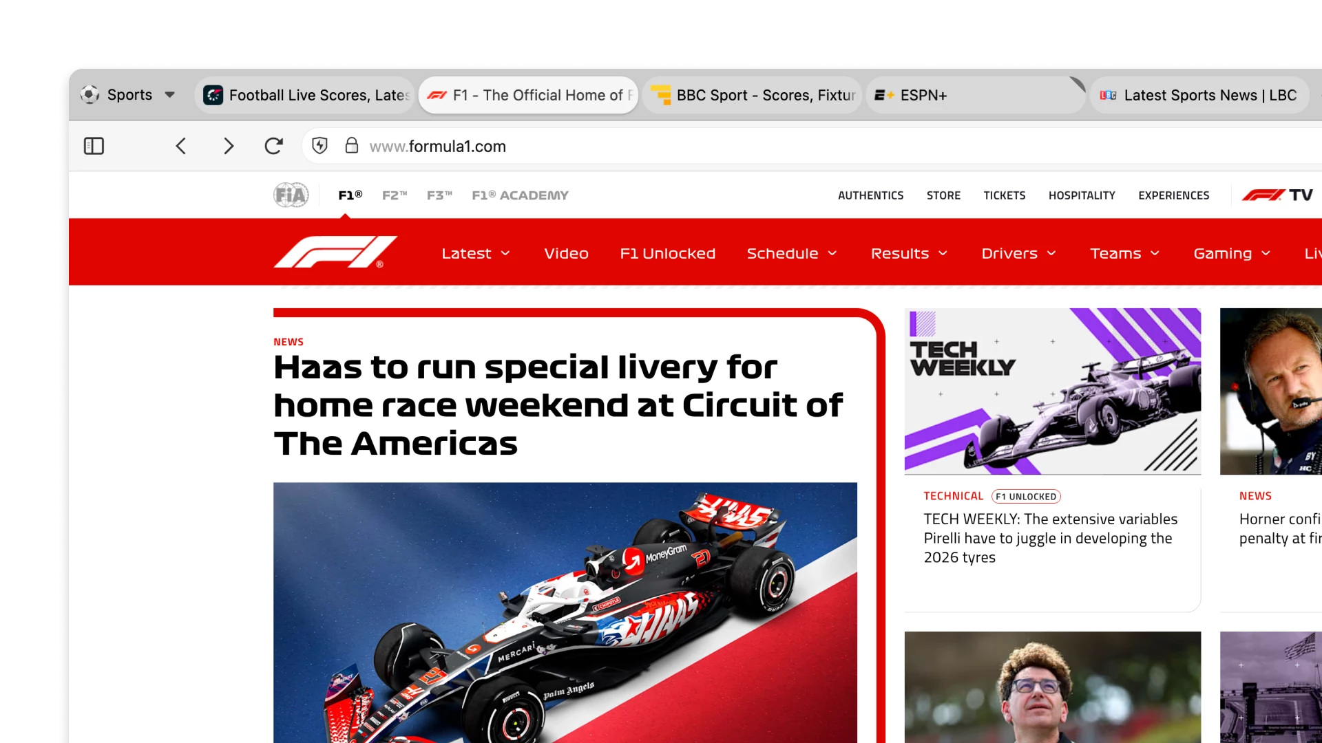 体育工作区：F1 和体育新闻网站的标签页